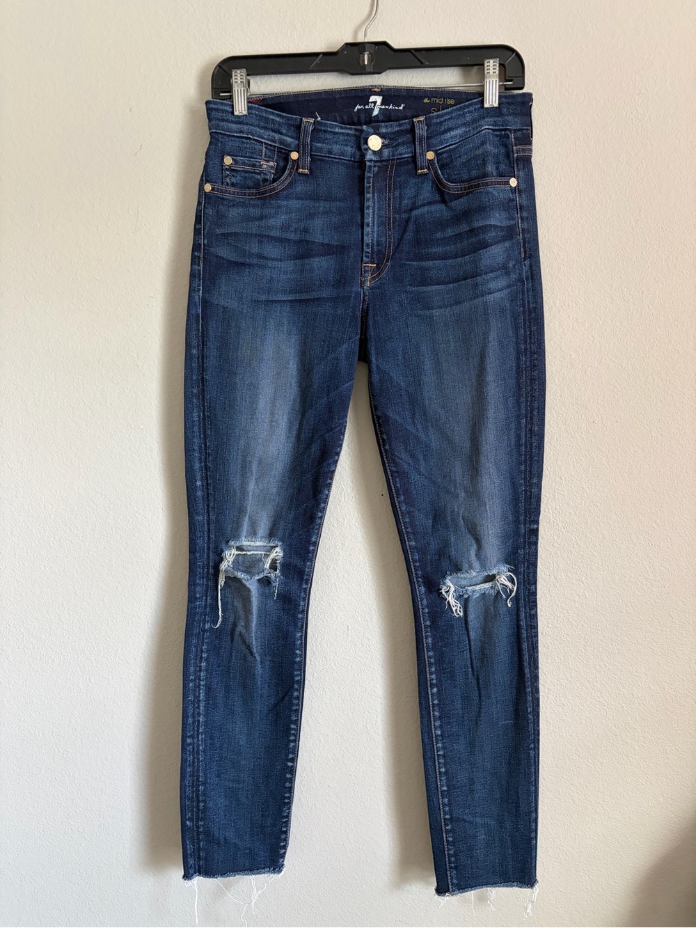 7 FOR ALL MANKIND dark wash distressed The Mid Rise Skinny denim jeans size 27